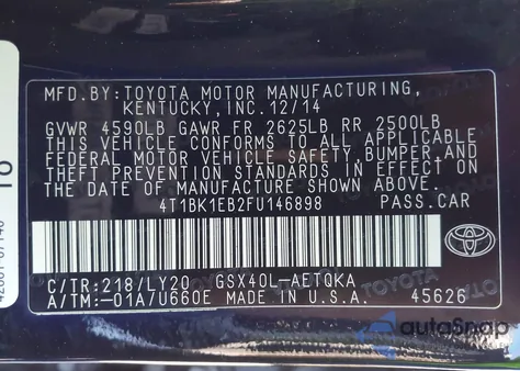 2015 Toyota Avalon Xle Touring Se из США, поврежденный, VIN 4T1BK1EB2FU146898